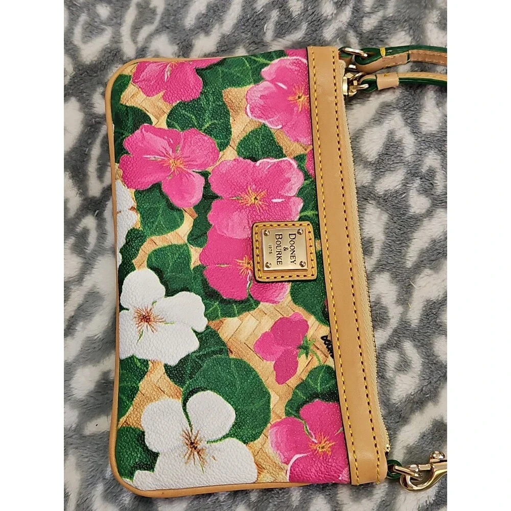 Dooney & Bourke Pink And White Tropical Pansies & Hibiscus Basketweave Wristlet